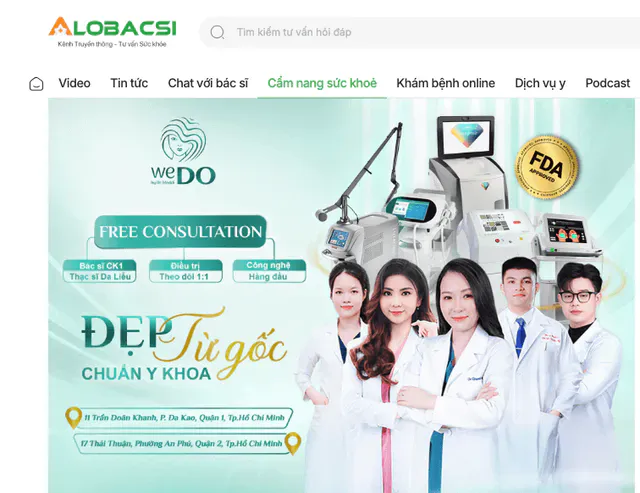“WEDO Skin Clinic – BS.CK1/ThS da liễu giỏi, làm đẹp tiêu chuẩn quốc tế” trên báo Alobacsi.com